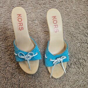 Michael Kors Womens 8.5B Blue Suede Slide Sandal Wooden Heel Open Toe Mule